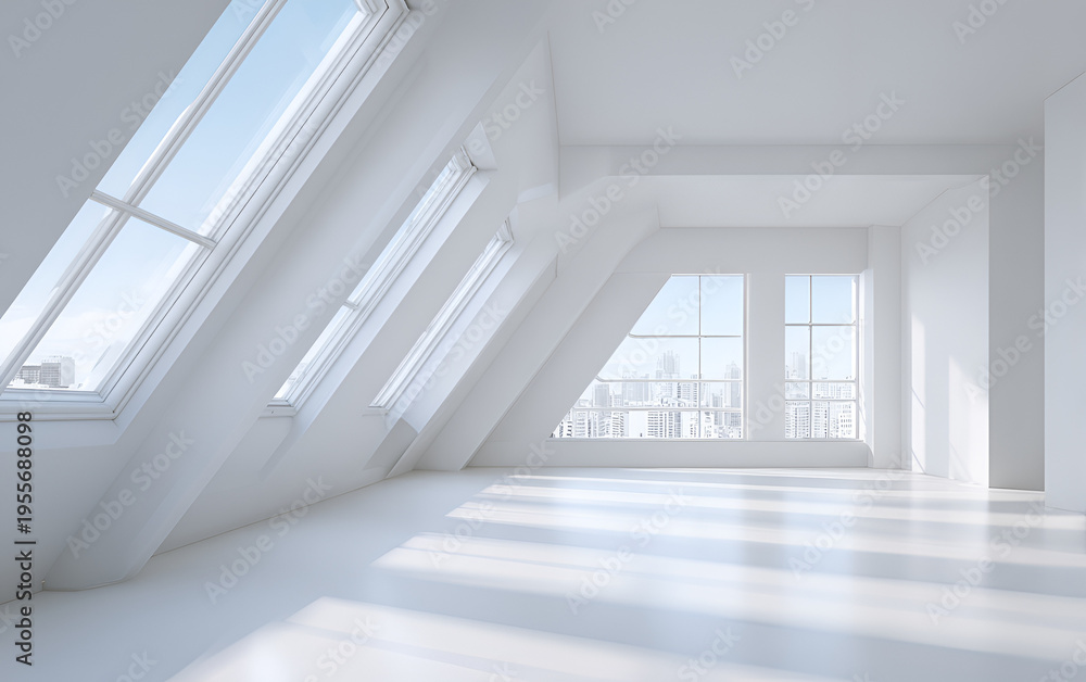 Obraz premium Modern, bright interior with large angled windows overlooking a city skyline. Sunlight streams across the empty, white room