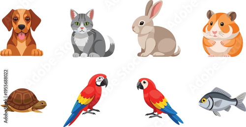 Pet Animals Set with Dog Cat Rabbit Hamster Turtle Parrot and Fish, Cute Cartoon Domestic Collection for Kids Illustration and Animal Design