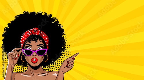 Pop Art Woman Pointing with Sunglasses - Retro Comic Book Style Illustration with African American Girl in Headband and Yellow Sunburst Background