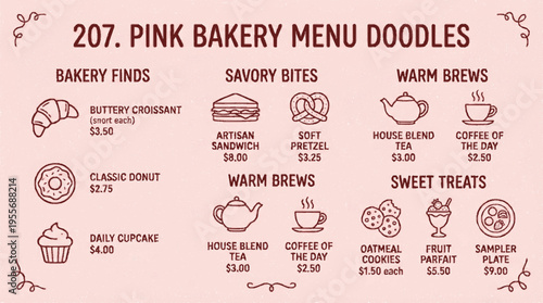 Hand drawn pink bakery menu with doodles of pastries drinks and prices on a soft blush background