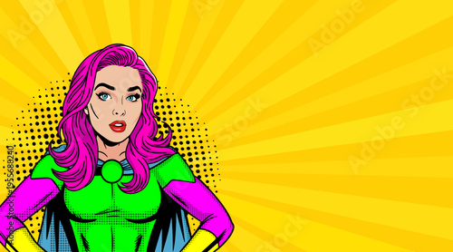 Pop Art Superhero Woman Portrait - Retro Comic Book Style Illustration with Pink Hair Superhero Girl in Green Costume and Yellow Sunburst Background