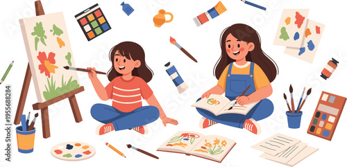 Kids Painting and Drawing Set with Art Supplies Canvas and Brushes, Creative Children Illustration for Education, Hobby, and Artistic Activity Design