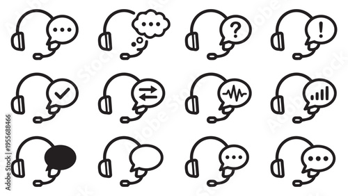 Customer Service and Support Headset Icons Set with Communication Symbols