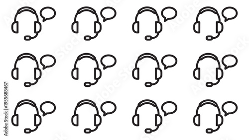Set of Identical Call Center Headset Icons with Speech Bubbles