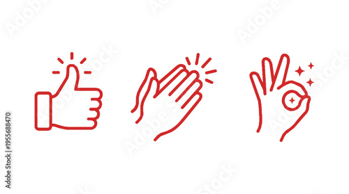 Minimalistic red hand icons trio featuring a thumbs up clapping hands and ok sign with dynamic sparkles