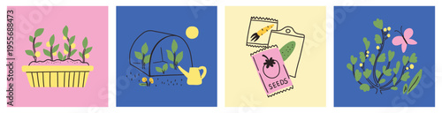 Set of garden tools and farm or backyard equipment cards or posters set. Summer or spring doodle collection. Gardening and vegetable gardening, greenhouse, watering can, seeds, plant. Simple contour.