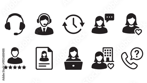 Customer Service and Support Icon Set - Black Solid Vector Illustration
