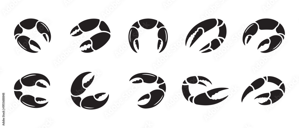 Obraz premium Collection of stylized black crab claws and pincers icons set on white background.