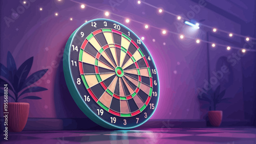 A vibrant dartboard in a modern purple room with string lights