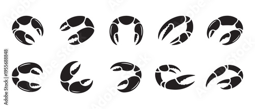 Collection of stylized black crab claws and pincers icons set on white background.