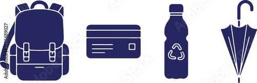 Backpack, Credit Card, Recycled Bottle, Umbrella Icons