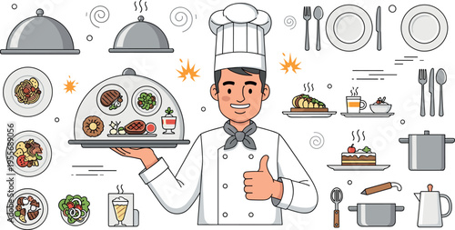 Professional chef serving food vector illustration with restaurant dishes kitchen utensils and culinary elements for cooking and hospitality design