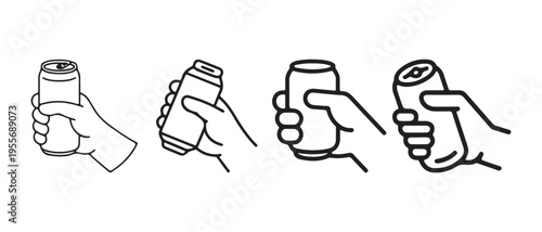 Set of hand holding beverage can line icons.