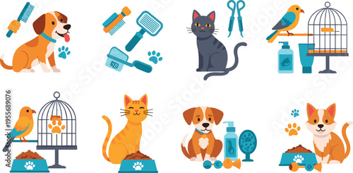 Pet Grooming Set with Dog Cat Bird Cage Tools and Accessories, Cartoon Animal Care Collection for Veterinary, Hygiene, and Pet Shop Illustration Design