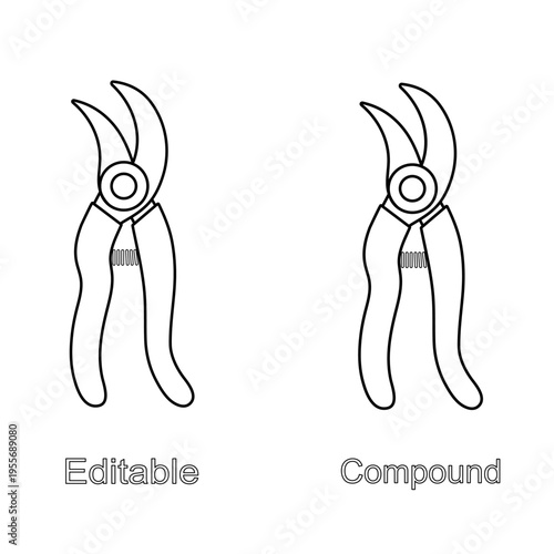 Pruning shears set, isolated on a white background. Editable and compound outline drawing. Linear icon, vector illustration. Template for coloring page.