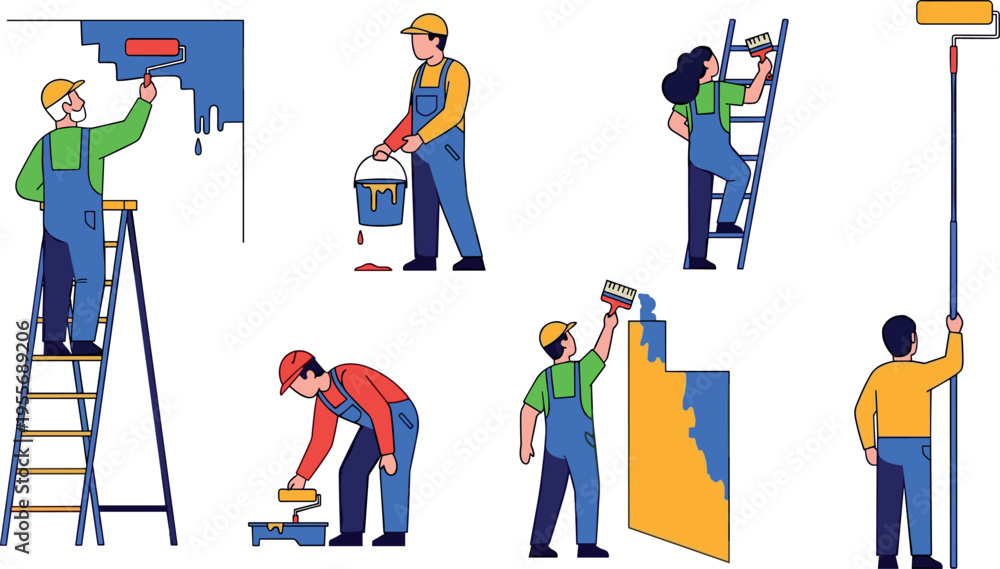 Fototapeta premium Professional painters working vector illustration set house painting workers using rollers ladder tools home renovation service design