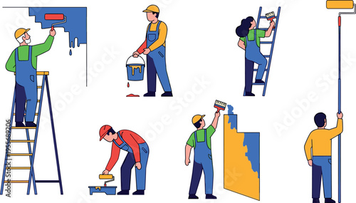 Professional painters working vector illustration set house painting workers using rollers ladder tools home renovation service design