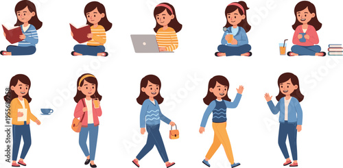Young Woman Daily Activities Set with Reading Working Walking and Coffee, Cartoon Female Lifestyle Collection for Routine, Education, and Modern Illustration Design