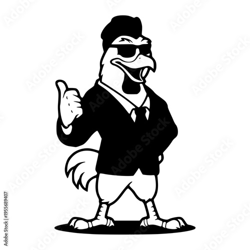 A cartoon rooster wearing a suit and sunglasses