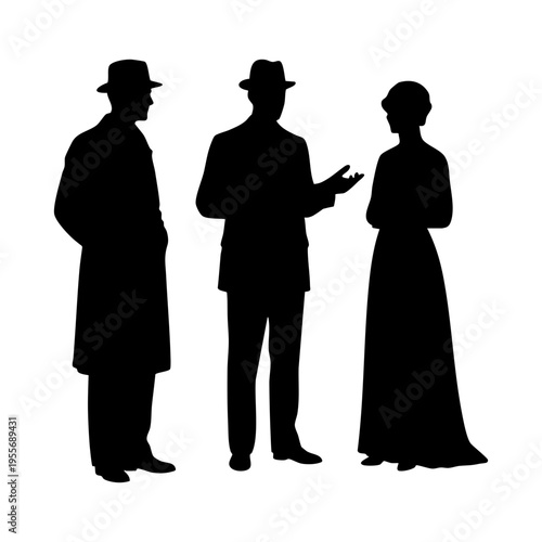 Vintage silhouettes of three figures engaged in lively street conversation