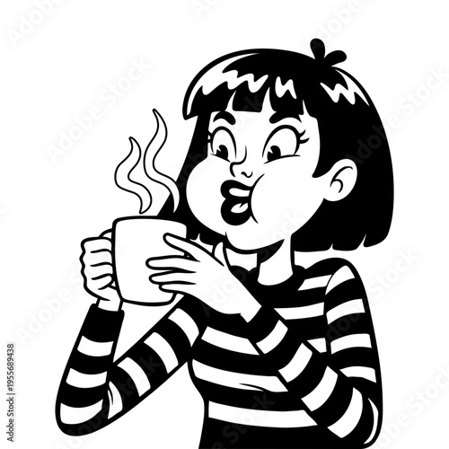 Brunette Girl in Striped Shirt Blowing on Steaming Hot Coffee Mug 