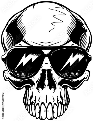 A skull wearing sunglasses with lightning bolts on the lenses