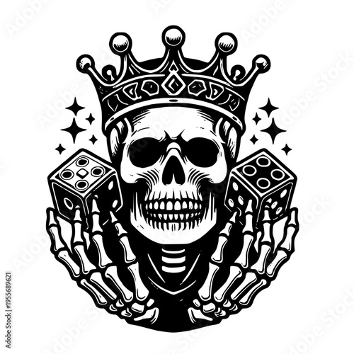 A skull wearing a crown holds dice in its bony hands