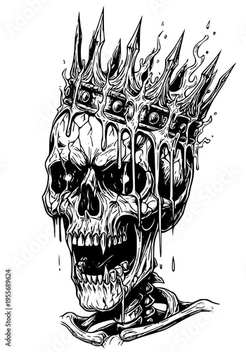 A skull with a crown of spikes and melted cameras on its head