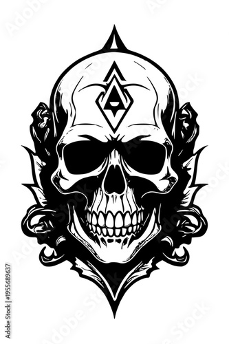A black and white skull with a diamond on its forehead