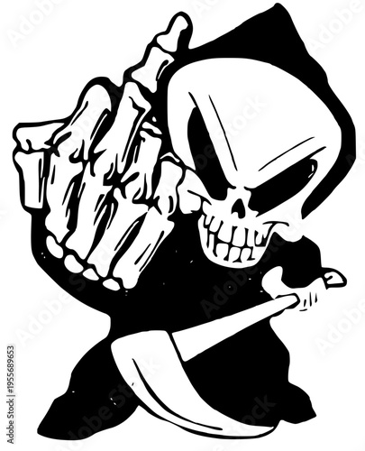 A cartoon grim reaper with a hood and scythe giving a rude hand gesture