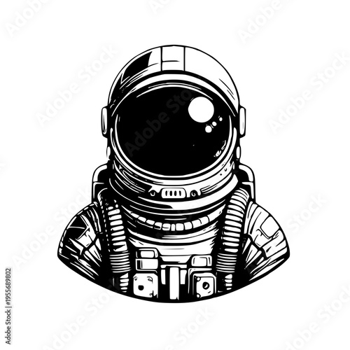 A black and white illustration of an astronaut