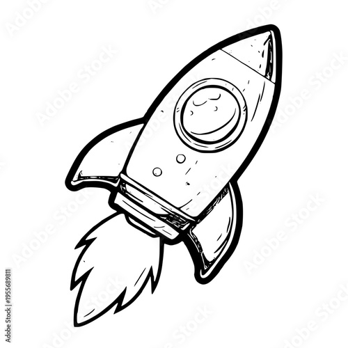 A black and white drawing of a rocket ship