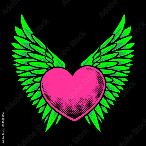 Vibrant Pink Heart with Bright Green Angel Wings for Modern and Creative Spiritual Artworks.