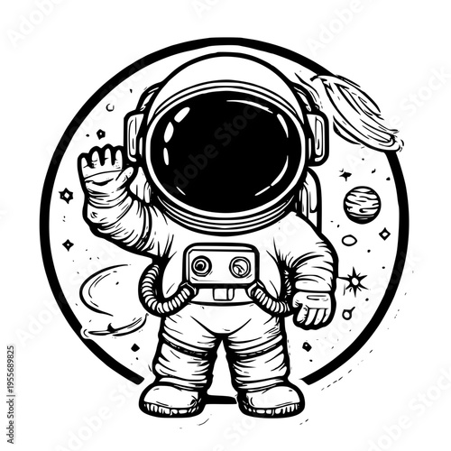 A cartoon astronaut waving in space