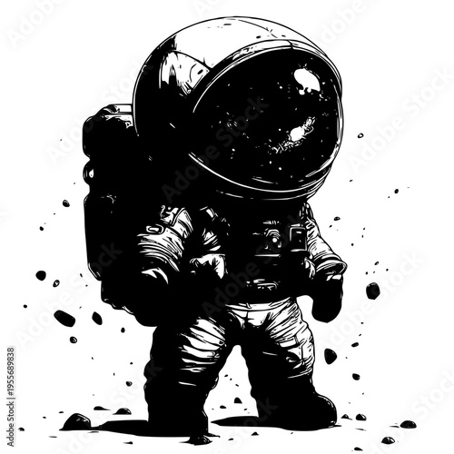A black and white illustration of an astronaut