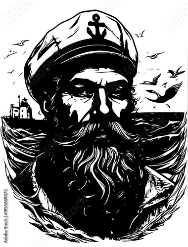 A black and white illustration of a sailor with a beard