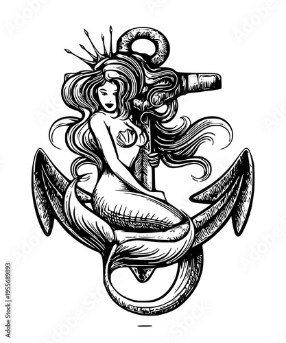 A mermaid sitting on an anchor with a crown on her head