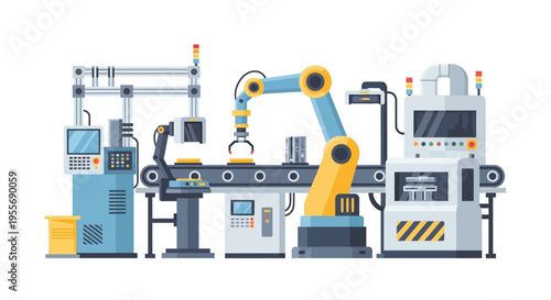 Automated Factory Production Line with Robotic Arms and Conveyor System for Industrial Manufacturing