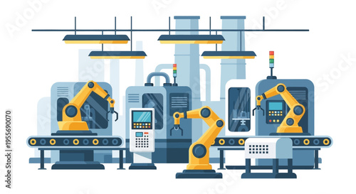 Automated Factory Production Line with Robotic Arms & Conveyor Belts - Industry 4.0 Concept