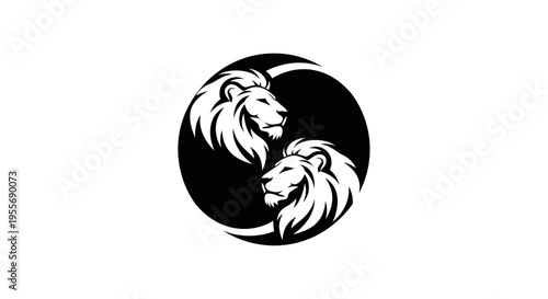Yin and Yang symbol with two stylized lions, one black and one white, in a regal circular design on an isolated white background.