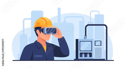 Industrial Engineer in VR Headset Inspecting Machine in Smart Factory. Augmented Reality, Industry 4.0, Digital Transformation