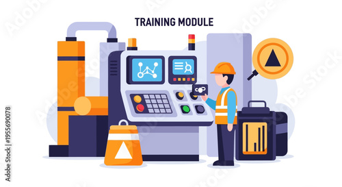 Industrial Training Module: Worker Operating Machine Control Panel, Factory Automation & Skill Development Illustration