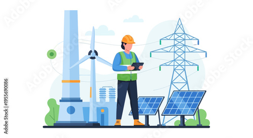 Engineer Overseeing Renewable Energy: Solar Panels, Wind Power, and Electricity Grid Management. Sustainable Green Technology Concept.