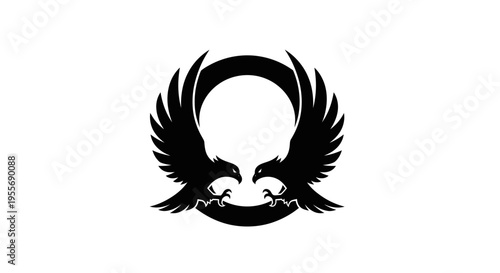 Majestic Black Silhouette of Two Eagles in a Circular Heraldic Emblem on Isolated White Background