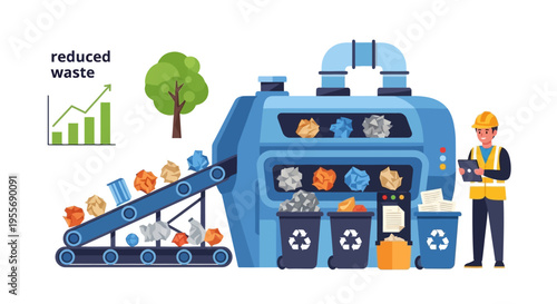 Industrial Waste Recycling and Sorting Process Illustration. Eco-Friendly Management, Reduced Waste Chart, and Worker Monitoring Sustainability.