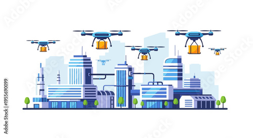 Futuristic Drone Delivery System over a Modern Smart City Landscape, showcasing automated logistics and urban package transport innovation.