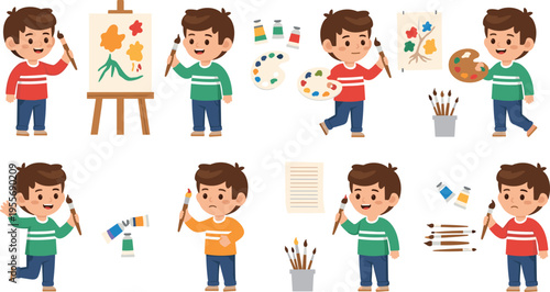 Boy Artist Painting Set with Brushes Palette Canvas and Creative Activities, Cartoon Kids Art Collection for Education, Hobby, and Illustration Design