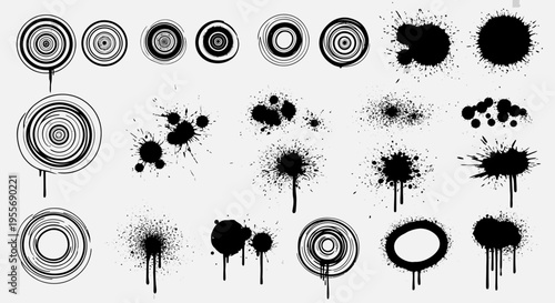 Grunge Ink Splatters and Concentric Circles Set on a light grey background