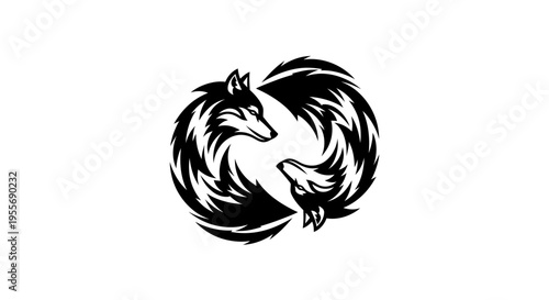 Stylized Black Foxes Intertwined Circle Emblem on isolated white background