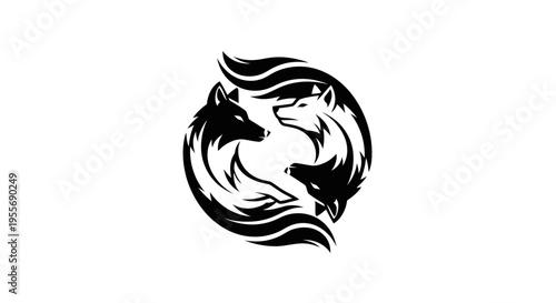 Stylized Black Wolves Yin Yang Circle Emblem on isolated white background